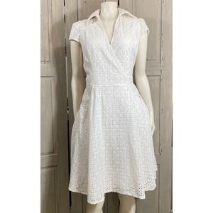 INC White Cotton Eyelet Wrap Dress Short Sleeve POCKETS Size 12 Cottage Coastal